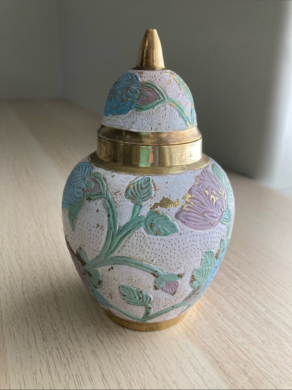 Vintage WM Rogers & Son Solid Brass Ginger Jar with Lid, India, Floral Design